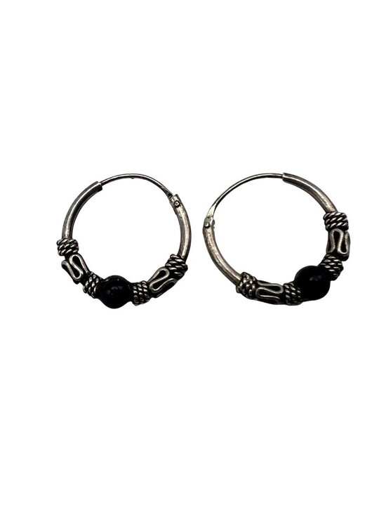 Jewelry - Bali Style Sterling Silver Hoop Earrings Oxidized Black Accent Bead .5"